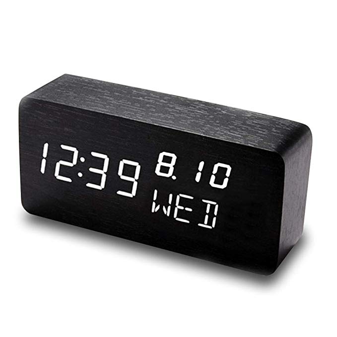 Digital Alarm Clock, Littlejian Wooden Desk Alarm Clock, Fashion LED Bed Alarm Clock, 3 Alarms 3 Level Brightness Voice Control Show Time/Date/Week/Temperature/Humidity Alarm Clock (Black)