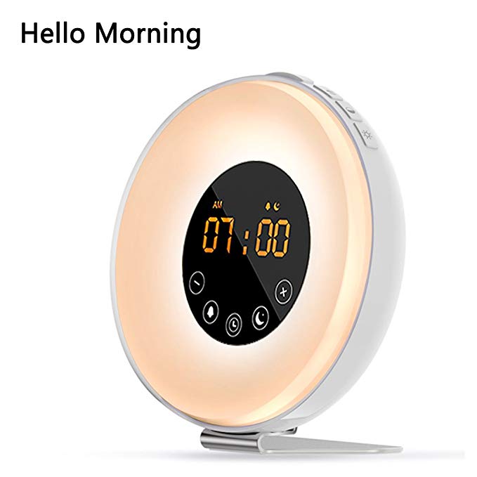 HUNLEE Sunrise Wake Up Light Digital Alarm Clock - Sunrise&Sunset Simulation /6 Nature Sounds /7 Colors Night Light /10 Brightness Levels /FM Radio /Snooze Function for Bedrooms and Heavy Sleepers