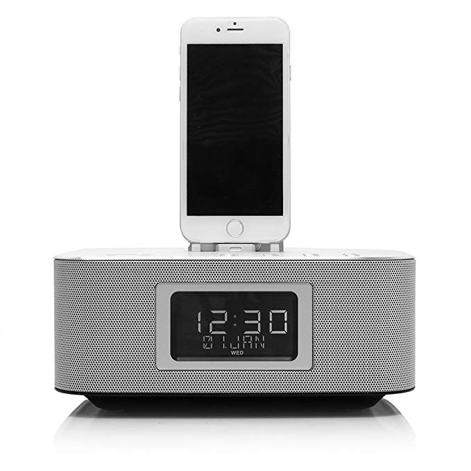 Richsound Research (RSR) DS406 Docking Speaker with Bluetooth (Lightning Connector, Dual Charging, Dual Alarm, FM Radio, Excellent Sound Quality with Strong Bass, Aluminum Alloy Panel) SILVER