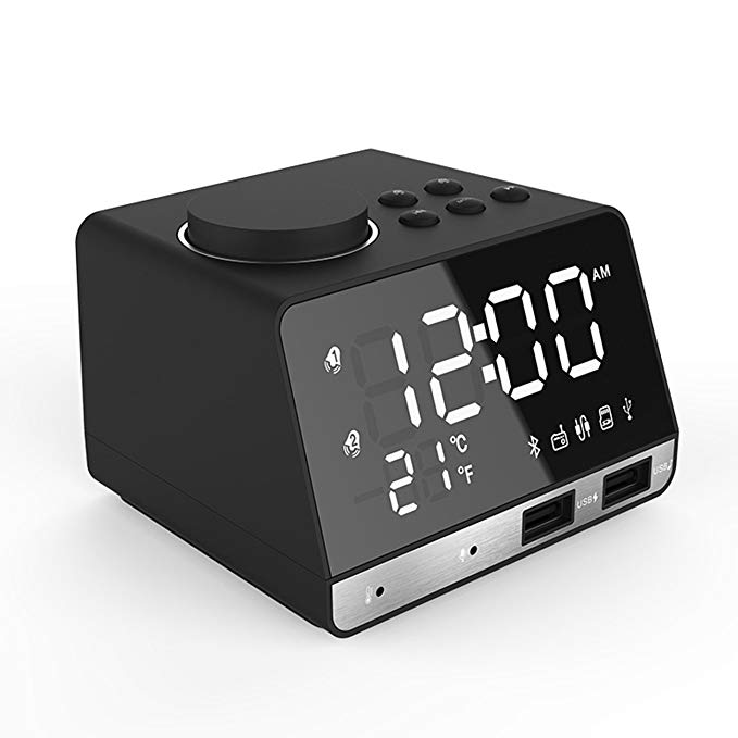 Alarm Clock Radio, YIKESHU K11 Alarm Clock Subwoofer Speaker Digital Dual Snooze Clock USB Charging Port Temperature LED Display Bedroom Dimmer