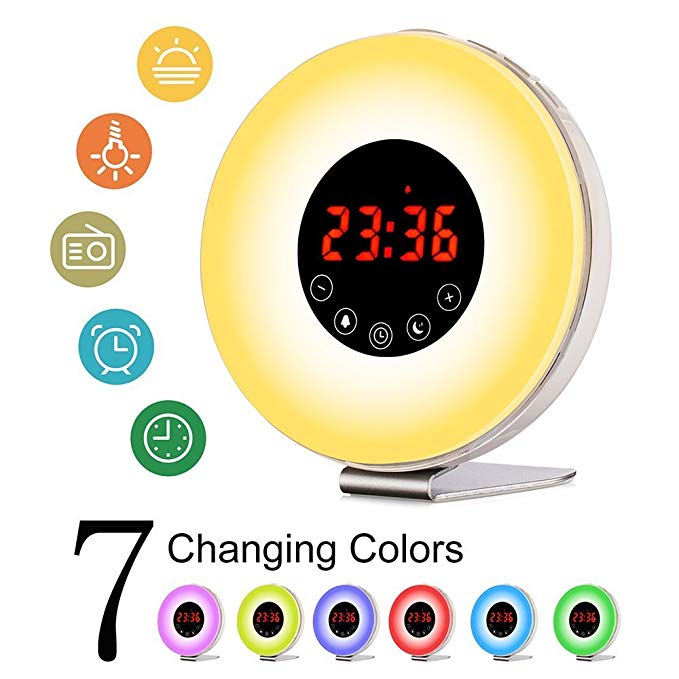 Erlinzer Sunrise Alarm Clock, 7 Changing Colors Wake up light with Nature Sound, Sunrise Simulation Daylight Alarm Clock for Heavy Sleepers with FM Radio, Touch Control and USB Charger