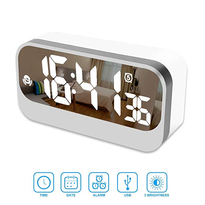 LED Digital Alarm Clock,Antfire LED Display Electric LED Bedside Travel Desk Alarm Clock with 3 Group Alarm,12/24 Time Mode,3 Levers Brightness,Memory Function for Bedroom,Powered by USB