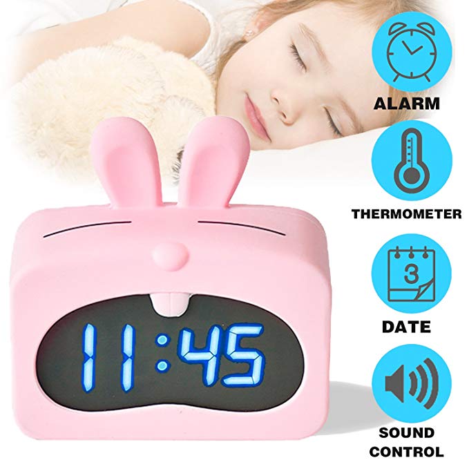 Xenzy Alarm Clock LED Voice Control Digital Desk Clock with Time Date Temperature 12/24 Hours 3 Alarms USB Removable Soft Silicon Cover Rabbit Alarm Clock for Kids Office Home Birthday Gifts, Pink