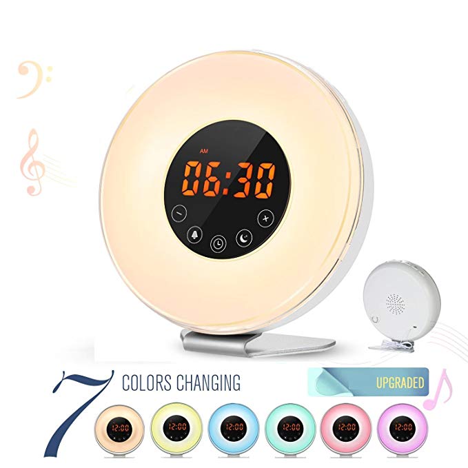 BOOGIIO Sunrise Wake Up Light Alarm Clock Simulation Digital LED Clock, 6 Natural Sounds, FM Radio, Smart Snooze/Sunset Function, Touch Control 7 Color Switch Night Light With USB Charger