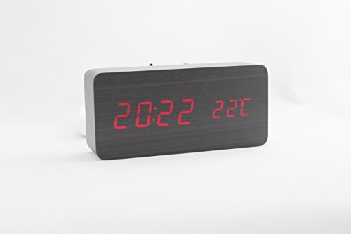 YiRong New Wooden Series Mini Rectangle Wood Grain Soft Light LED Date Thermometer Voice Touch Activated Desk Alarm Clock MT1178 (Blackwood-Red LED)