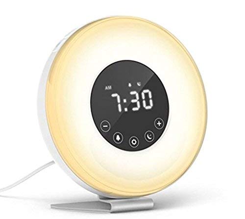 Alarm Clock - Best Multi-function with Digital FM Radio/Day / Date LED Display - Sunrise/Sunset Simulation & Touch Control - Snooze for Heavy sleepers - 6 Natural Sounds - 7 Colors