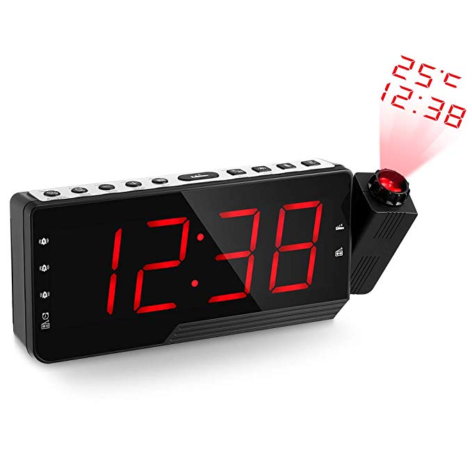 Projection Alarm Clock Dual Alarms with 7.5” Large LED Display and Indoor Thermometer,FM Radio Alarm Clock for Bedroom,USB Powered and Battery Backup
