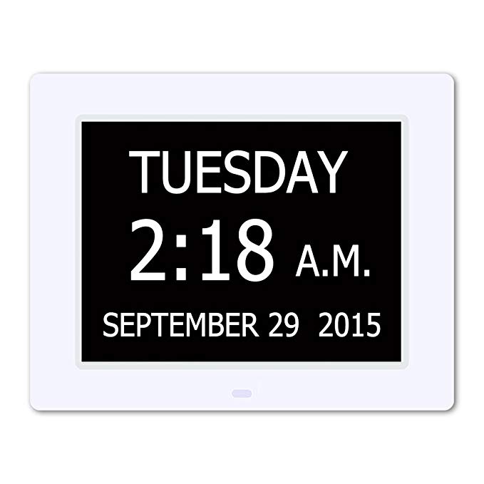 5 Daily Alarms & 3 Medicine Reminder - Hurrah Extra-Large Memory Loss Digital Calendar Day Clock with Non-Abbreviated Day (White)