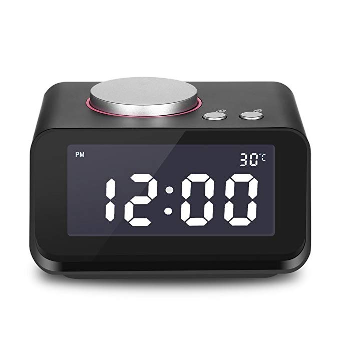 Digital Alarm Clock Radio with FM Radio, Smart Dual Alarm Clock with USB Charging Port for Bedroom Bedside, Snooze, Large LED Display with 5 Dimmer Brightness, Thermometer, AUX-IN Speaker