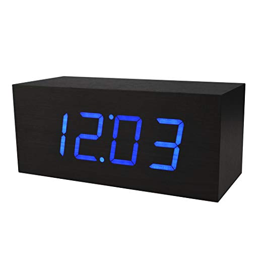 Electronic Alarm Clocks, PeleusTech Rectangle Wooden Table Clock Blue LED Sound Activated Digital Alarm Clock (US Plug) - Black