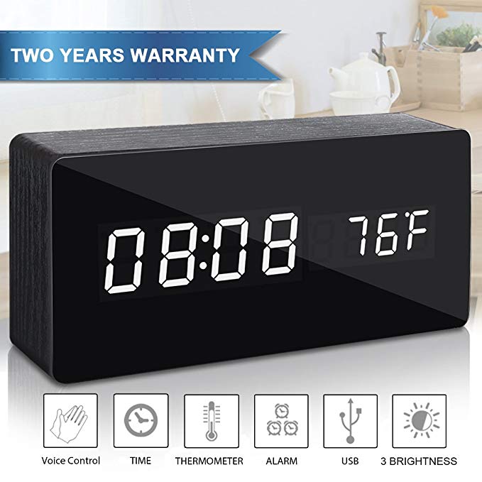 Alarm Clock, Digital Clock Wooden Desk Alarm Clock Three Alarm Sets & Date LED Display & 3 Levels Brightness & Temperature Brightness Dimmer Home Bedroom Office Desk