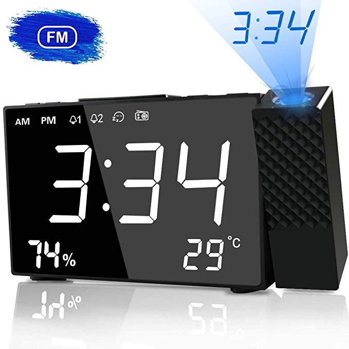 Projection Clock, HQQNUO FM Radio Alarm Clock 6.3'' LED Display with Dimmer 180° adjustable projector Dual Alarm with USB Charging Port alarm clock for Kids, Adults & Teens