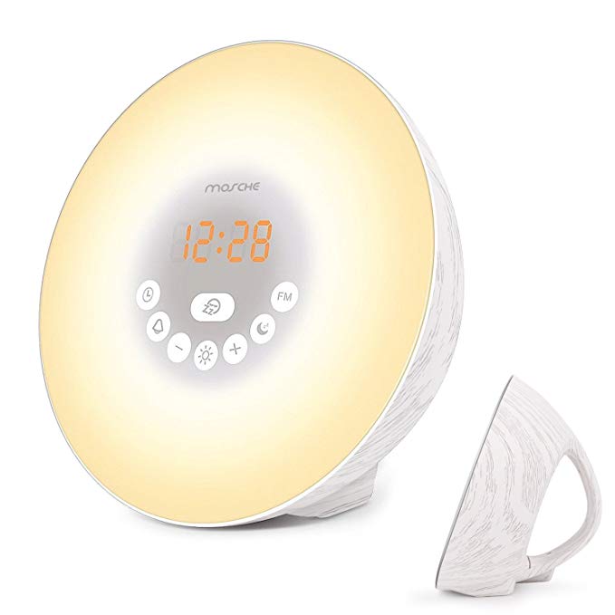 MOSCHE Sunrise Alarm Clock, Digital Clock, Wake Up Light with 6 Nature Sounds, FM Radio and Touch Control (Wood-White)