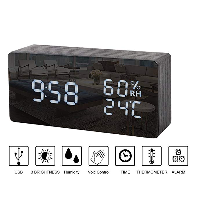 M SANMERSEN Wood Alarm Clock, Digital Alarm Clock Temperature Date LED Display 3 Levels Dimmer Brightness Voice Control Modern Desk Electronic Clock for Bedrooms Office Gifts for Boys Girls