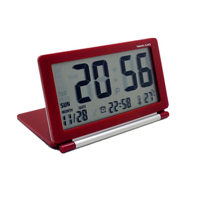 eBoTrade New Version Multifunction Silent LCD Digital Large Screen Travel Desk Electronic Alarm Clock US (Red)