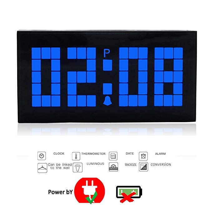 T Tocas Large Big Number LED Snooze Wall Desk Alarm Clock Thermometer Date Display (Blue)