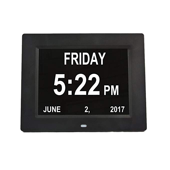 MairGwall 8 Inch Digital Non-Abbreviated Calendar Day Clock for Seniors Impaired Vision Elderly (Black)