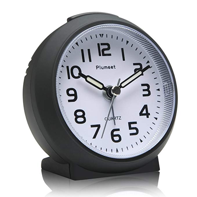 Plumeet Non Ticking Travel Alarm Clock with Snooze and Nightlight, Cute Colour for Kids, Ascending Sound Alarm, Easy to Set, Handheld Sized, Battery Powered (Black update)