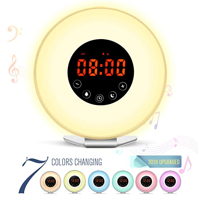 Sunrise Alarm Clock - Digital LED Clock with 7 Color Switch and FM Radio for Bedrooms - Multiple Nature Sounds Sunset Simulation & Touch Control - With Snooze Function for Heavy Sleepers