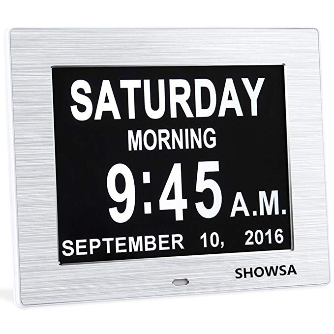 New Upgrade Day Clock, Metal Shell Digital Clock, 5 Daily Alarms & 3 Medicine Reminder Digital Calendar Alarm Clock Elderly Extra Large, Reminder for Impaired Vision & Dementia Alzheimer's (Silver)