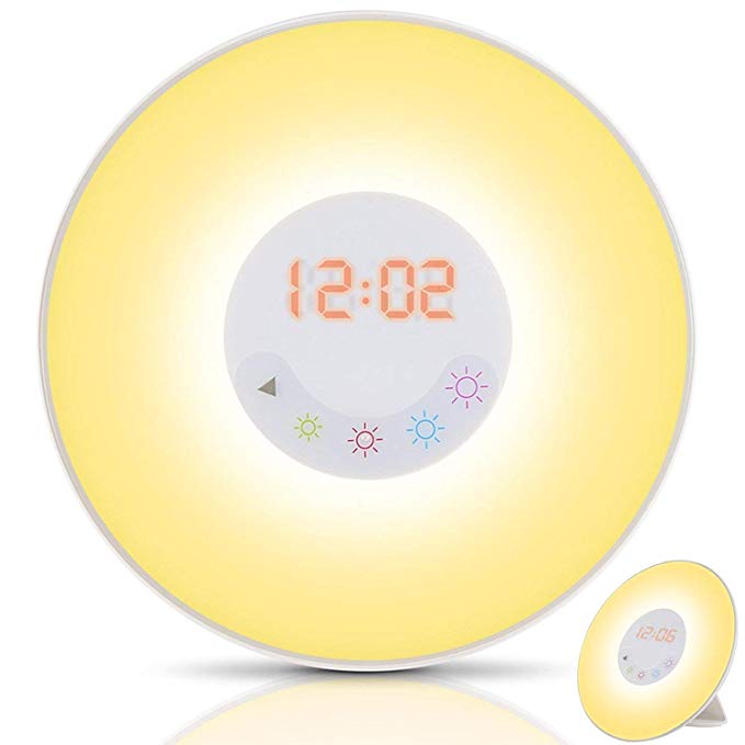 Wake-Up Light Alarm Clock, Nature Night Light with Sunrise Simulation&FM Radio,7 Sounds,5 Colors Atmosphere Lamp,4 Brightness Bedside Lamp and Touch Control Multi-Functional for Bedroom,Nursery