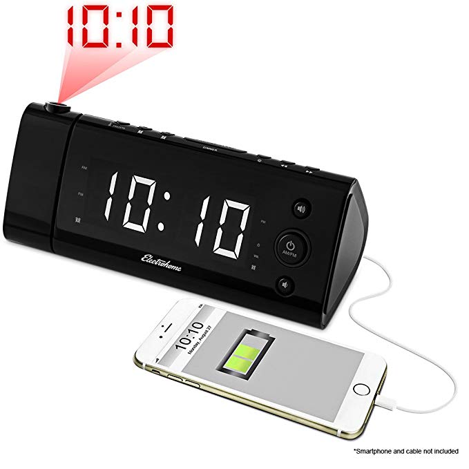 Electrohome EAAC475W USB Charging Alarm Clock Radio with Time Projection, Battery Backup, Auto Time Set, Dual Alarm, 1.2-Inch White LED Display for Smartphones & Tablets