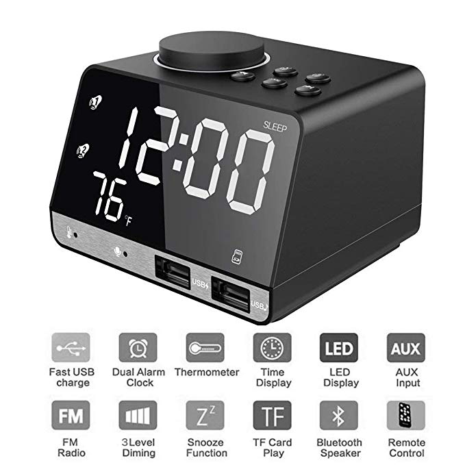 Foreita Digital Alarm Clock, Bluetooth Speaker Dual Snooze Clock USB Charging Port, AUX TF Card Play, Thermometer, Large Mirror LED Dimmable Display Bedroom, Kitchen, Table, Desk