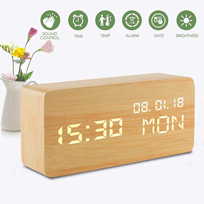 Led Digital Analog Alarm Clocks, Wooden Travel Clock with Time/Date/Week/Temperature/USB Desk Shelf Clocks, Sound Control 3 Levels Brightness 3 Loud Alarm for Heavy Sleepers Bedrooms Kids Girls Teens