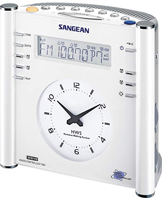 Sangean RCR-3 FM-RDS (RBDS)/AM/Aux-in Tuning Clock Radio with Radio Controlled Clock, White, 14 Memory Preset Stations (7 FM, 7 AM), Radio Controlled Clock Available from DCF/WWVB, Dual Time Display LCD and Analog Clock