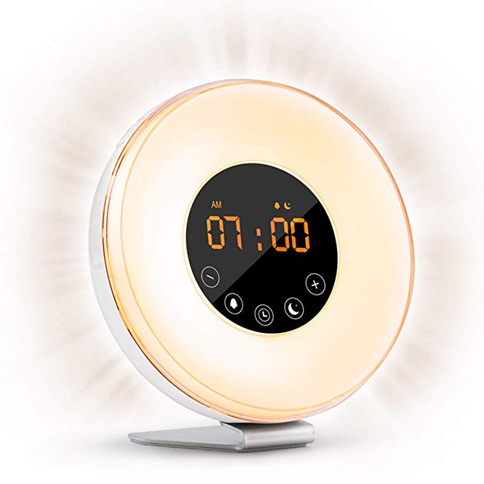 VegasDoggy Alarm Wake LED Clock Sunrise Simulation Sunset Fading Night Light-6 Natural Sounds/FM Radio/7 Colors Switch/10 Brightness Levels/Snooze Sleepers, 1