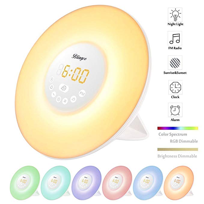 Wake Up Light Alarm Clock, Blingco Sunrise Simulator Alarm Clock with Night Light, Nature Sounds, 7 Colors Atmosphere Lamp, FM Radio, USB Charger, Touch Control for Heavy Sleepers