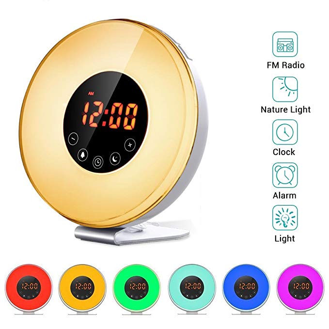 Blinngo Wake Up Light Alarm Clock, Salute Sunrise Simulator, 7 Color Changing Night Light - FM Radio 6 Nature Sounds Touch Control Snooze Function, with USB Charger for Heavy Sleepers