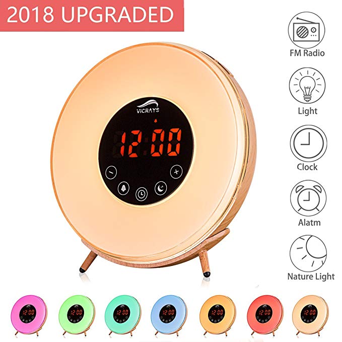 Wooden Sunrise Radio Alarm Clock - Vicrays Digital LED Alarm Clock for Bedrooms, Bedside and Kids, FM Radio, 7 Colors, 6 Natural Sounds, Touch Control with Snooze Function for Heavy Sleepers