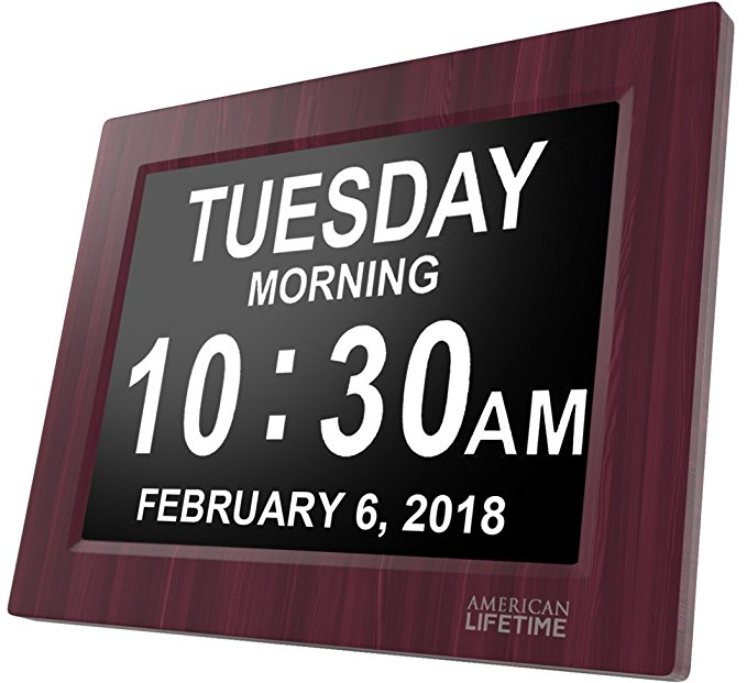 American Lifetime - Day Clock - Extra Large Impaired Vision Digital Clock with 4 Alarm Options & Battery Backup (Dark Mahogany)