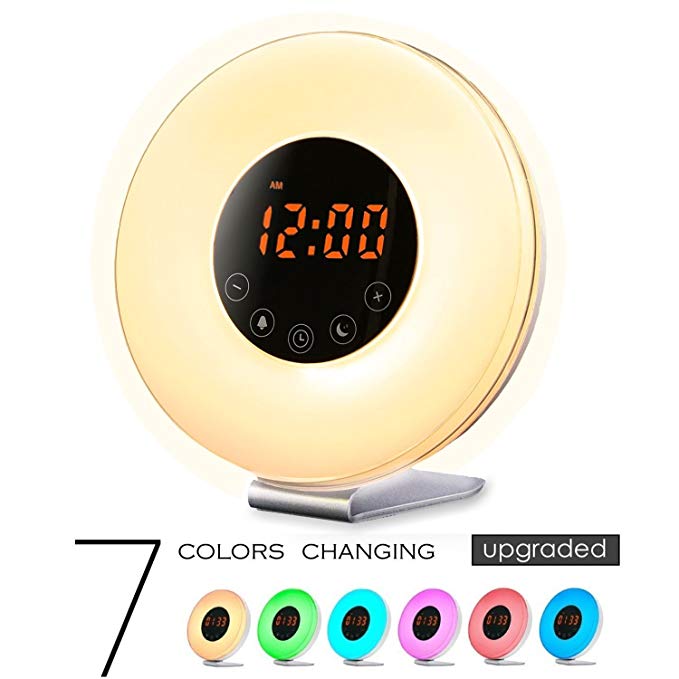 Sunrise Wake Up Light Digital Alarm Clock – [2018 Upgraded] 6 Natural Sounds, FM Radio, Sunrise and Sunset Simulation, Touch Control with Snooze Function, 7 Color Night Light for Bedside and Kids