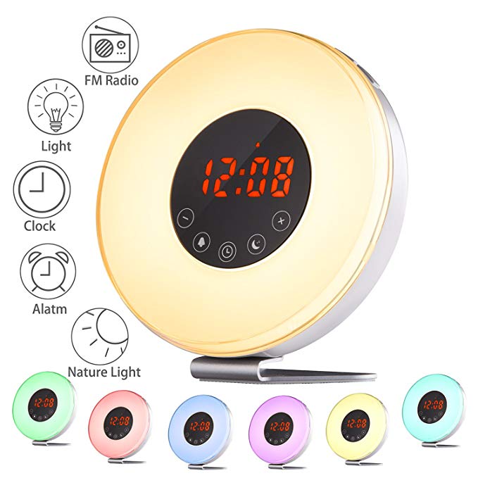 Wake Up Light Alarm Clock, iSbeller Upgrade Sunrise/Sunset Simulation Electronic Clock with 7 Color Night Light, Nature Sounds, FM Radio & Smart Snooze Function for Heavy Sleepers, Touch Control/USB