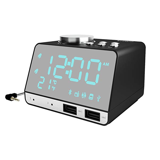 Alarm Clock Radio LEMFO R1 Bedroom Clock with Dual USB Charging Ports Aux in Bluetooth Speaker LCD Display Digital FM Radio