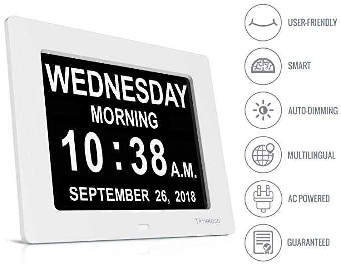 INNOCLOCK - Most Advanced - Superior Quality - Calendar Day Digital Clock - Large, Clear, Unabbreviated Time and Date - Ideal for Memory Loss, Impaired Vision and Seniors (White, 8-inch)