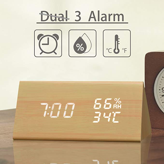 Digital Alarm Clock, 3 Alarm Settings Wooden Electronic LED Time Display, Dual Temperature & Humidity Detect, Ideal Bedroom, Bedside Kids Heavy Sleeper, Batteries not Needed