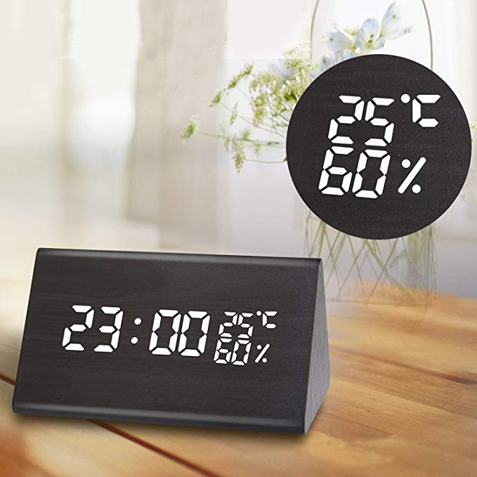 DOPTIKA Digital Alarm Clock, Three Alarms, 12/24 Time Display Format, 3 Levels Adjustable Brightness Dimmer, Date Temperature and Humidity LED Display Woodgrained Clock for Bedrooms