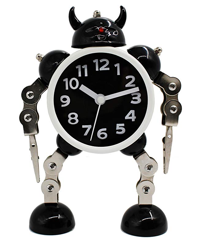 AQAZ Robot Alarm Clock With Flashing Eye And Hand Clips Best Gift For Children (L, Black)