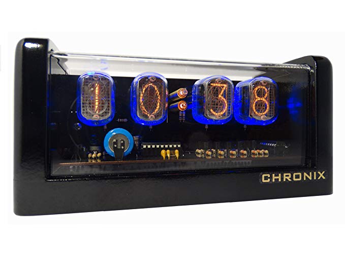 Vintage Nixie Tube Clock with 4xIN-12 displays & alarm & blue backlight & black glossy wooden case CHRONIX