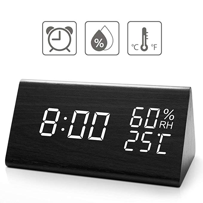 Digital Alarm Clock, with Wooden Electronic LED Time Display, 3 Alarm Settings, Dual Temperature & Humidity Detect, for Desk, Bedroom, Bedside Kids and Heavy Sleeper, no Batteries needed