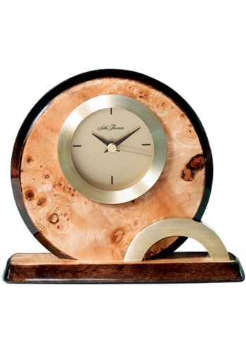 Seth Thomas Burl Finish Wood Case Gold Tone Bezel with Off-White Dial Round Alarm Mantel Clock with Plate