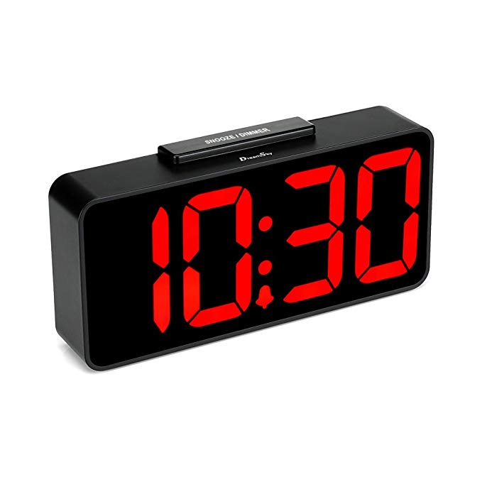 DreamSky Auto Time Set Alarm Clock With USB Port For Charging, Snooze, Dimmer -Extra Large Impaired Vision Digital Red LED Bedside Desk Clock, Auto DST.