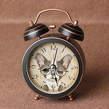 Cute Dog Silent Quartz Analog Quiet Non-ticking Retro Vintage Classic Bedside Twin Bell Alarm Clock Wind-Up Clock with Loud Alarm and Nightlight (Black)