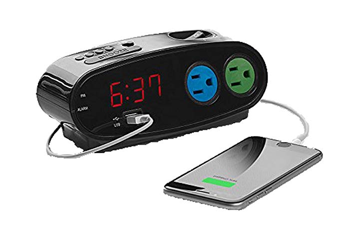 Sharp Alarm with USB and Outlets, Black