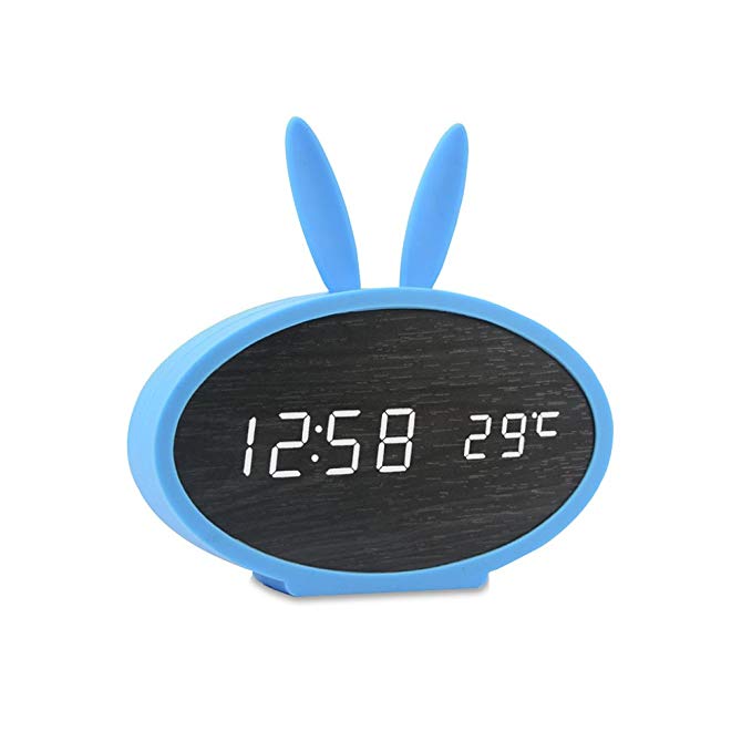 Huatop Wooden LED Alarm Clock, Sound Control Digital Desk Clock Display Time, Date, Temperature, with Rabbit Soft Silicon Cover for Children,Teens (Black/Blue)