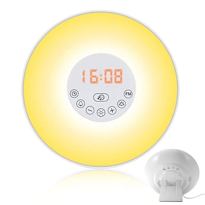 LUNSY Sunrise Alarm Clock Wake Up Light Night Light Bedside Lamp with 7 Colors, Dimmable Brightness, Nature Sounds, FM Radio, Touch Control and USB Charger