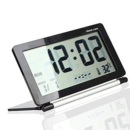 Multifunction Silent LCD Digital Large Screen Travel Desk Electronic Alarm Clock, Date,Time,Calendar,Temperature Display, Snooze, Folding (Black+Silver)